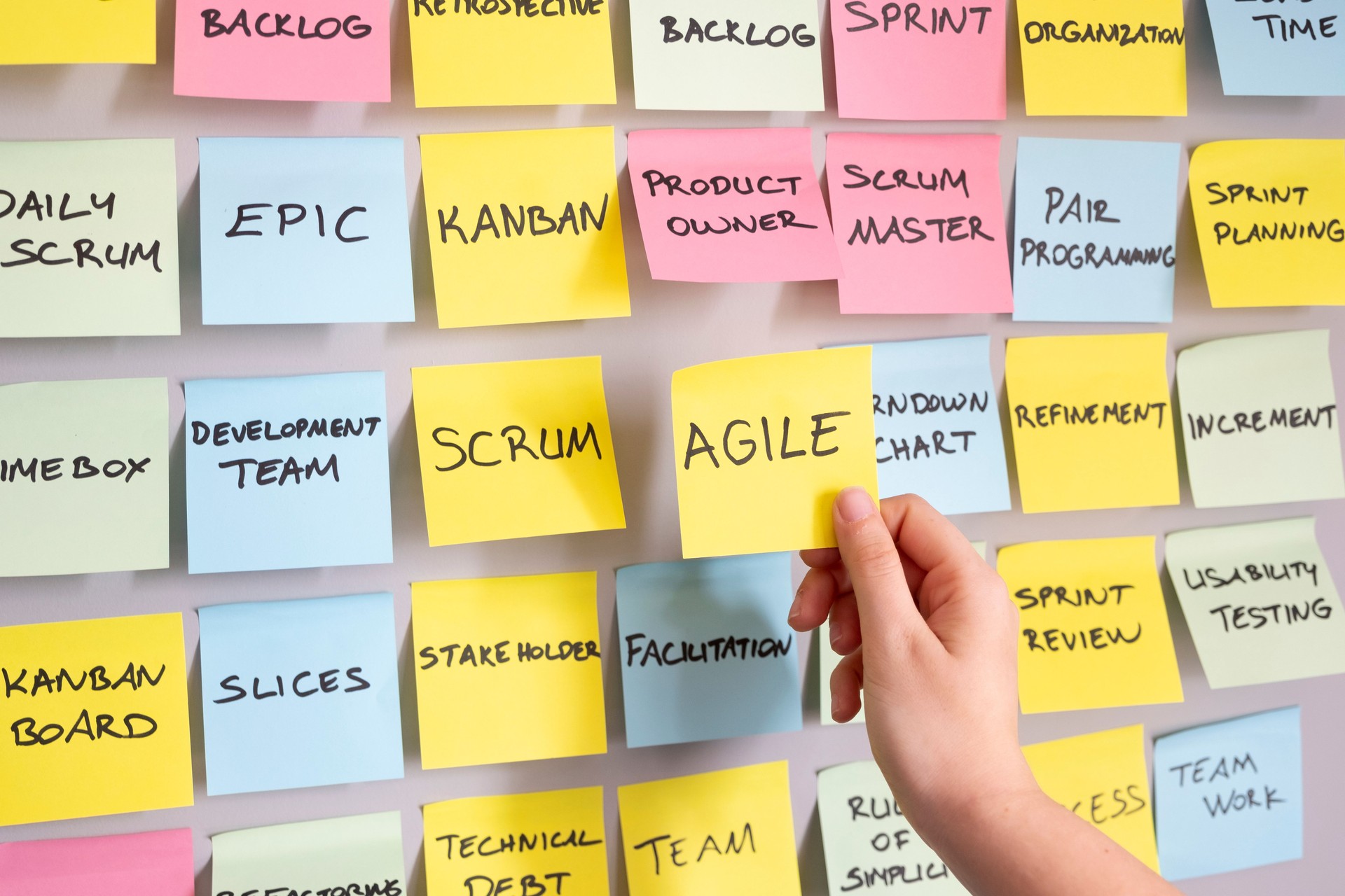 Agile Development Method, Project Planning, Agile note in woman hand